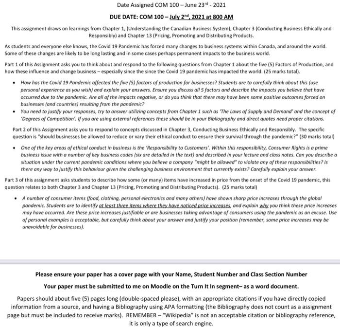 Date Assigned COM 100 - June 23 2021 DUE DATE: