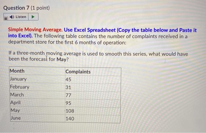 Question 7 (1 point) Listen Simple Moving