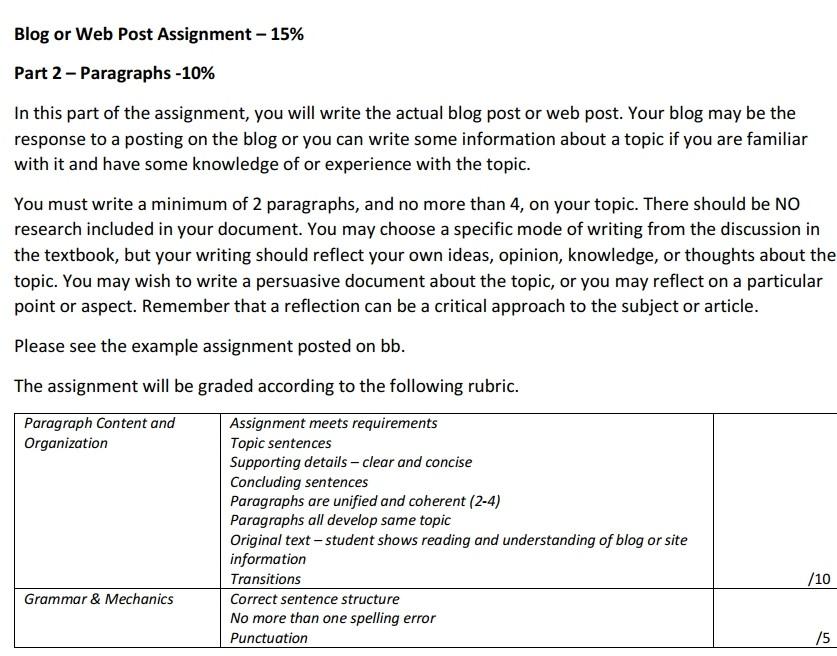 Blog or Web Post Assignment -15% Part 2 -