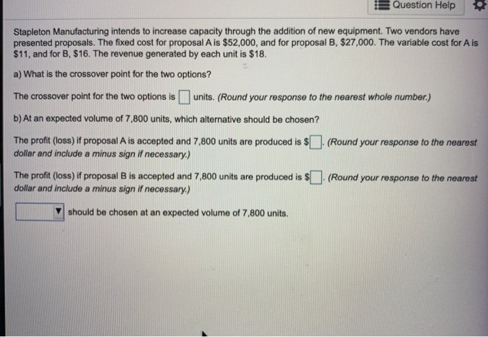 Question Help Stapleton Manufacturing intends to