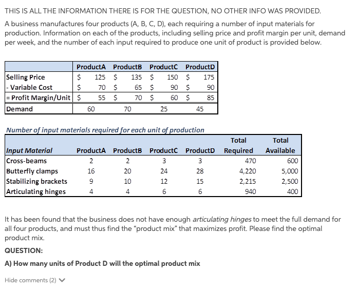 THIS IS ALL THE INFORMATION THERE IS FOR THE QUESTION, NO OTHER