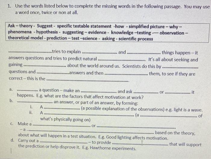 1. Use the words listed below to complete the