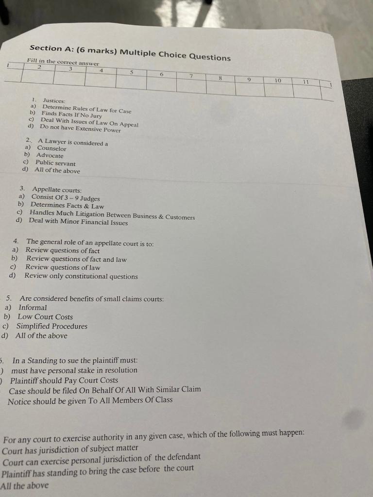 Section A: (6 marks) Multiple Choice Questions