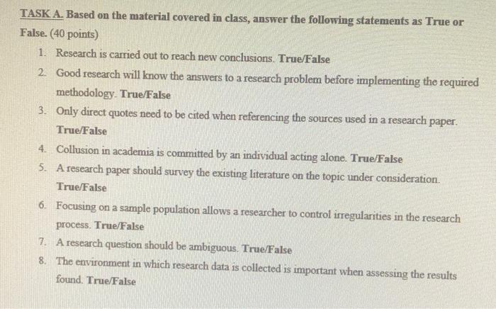 TASK A. Based on the material covered in class,