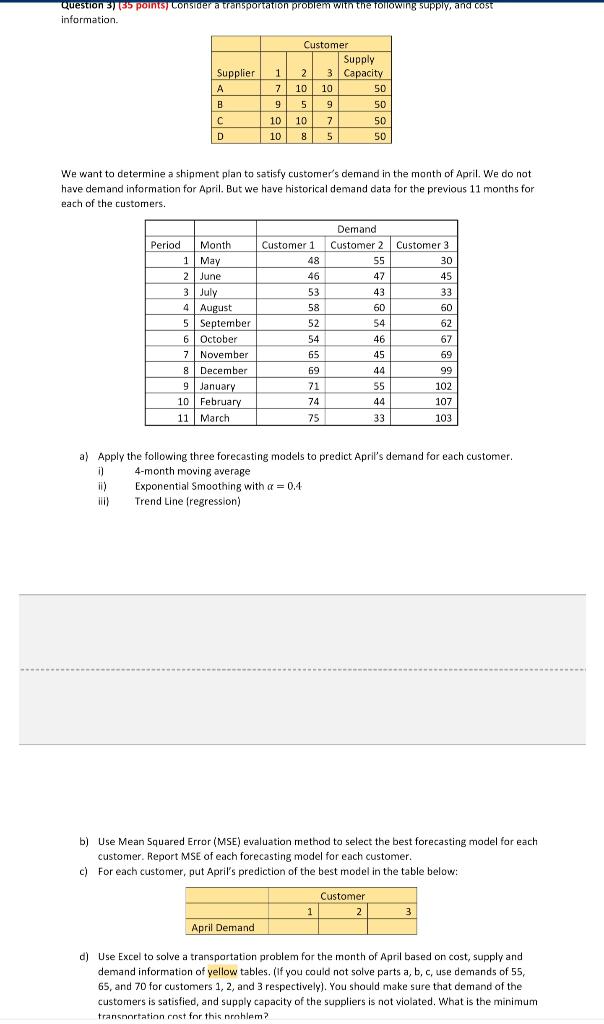 Question 31 55 points consider a transportation