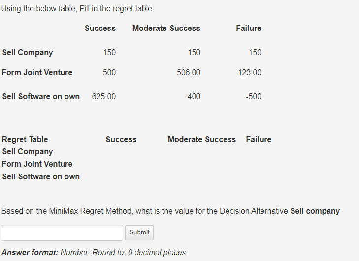 Using the below table, Fill in the regret table