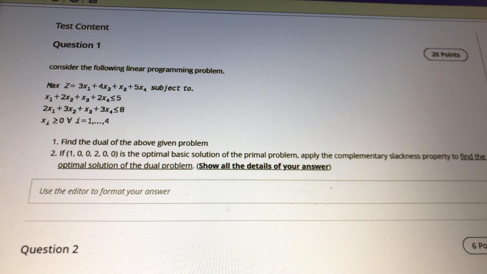 Test Content Question 1 20 Points consider the