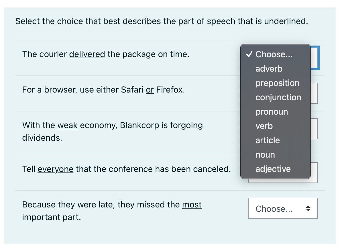 Select the choice that best describes the part of