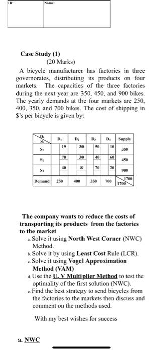 10 Name: Case Study (1) (20 Marks) A bicycle