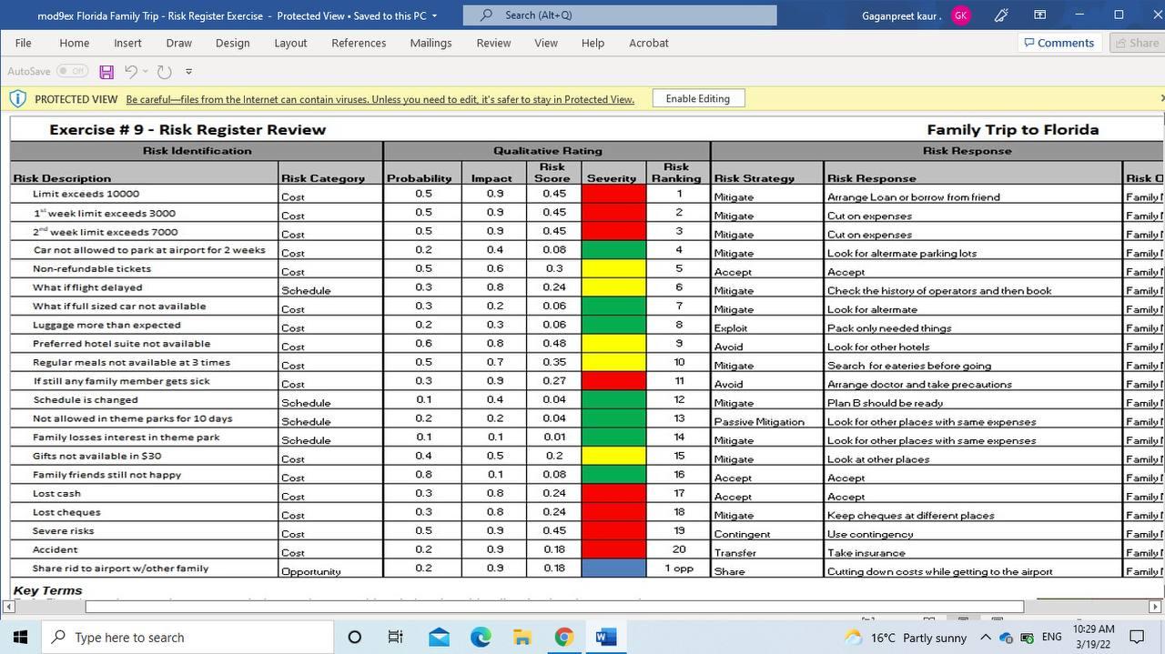 mod9ex Florida Family Trip - Risk Register