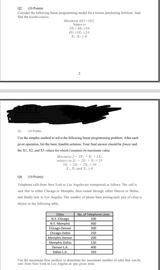 Q2. (10 Points) Consider the following linear