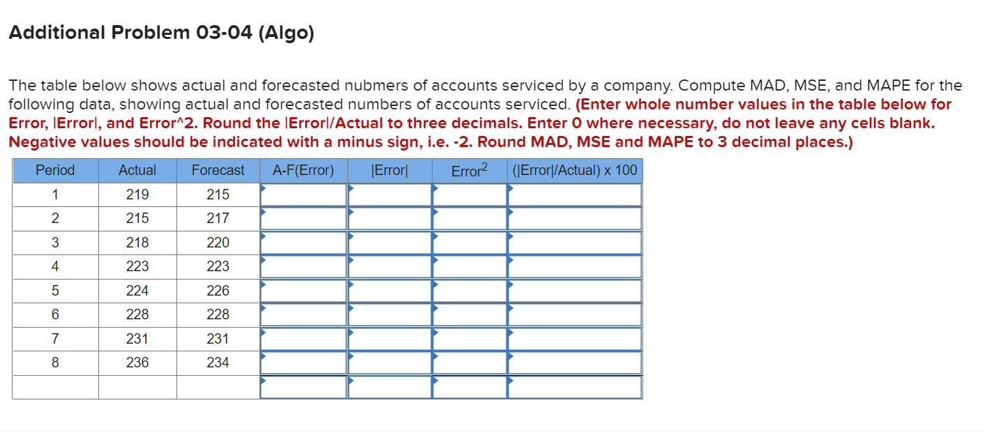 Additional Problem 03-04 (Algo) The table below