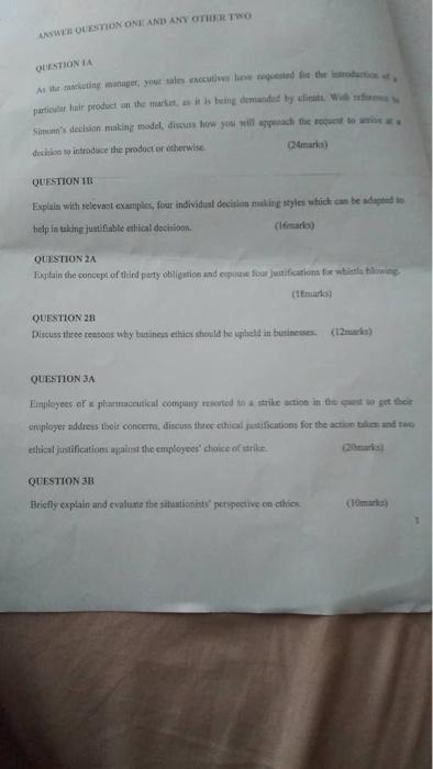 ANSWER QUESTION ONE AND ANY OTHER TWO QUESTIONIA