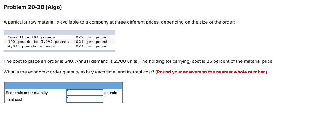 Problem 20-38 (Algo) A particular raw material is