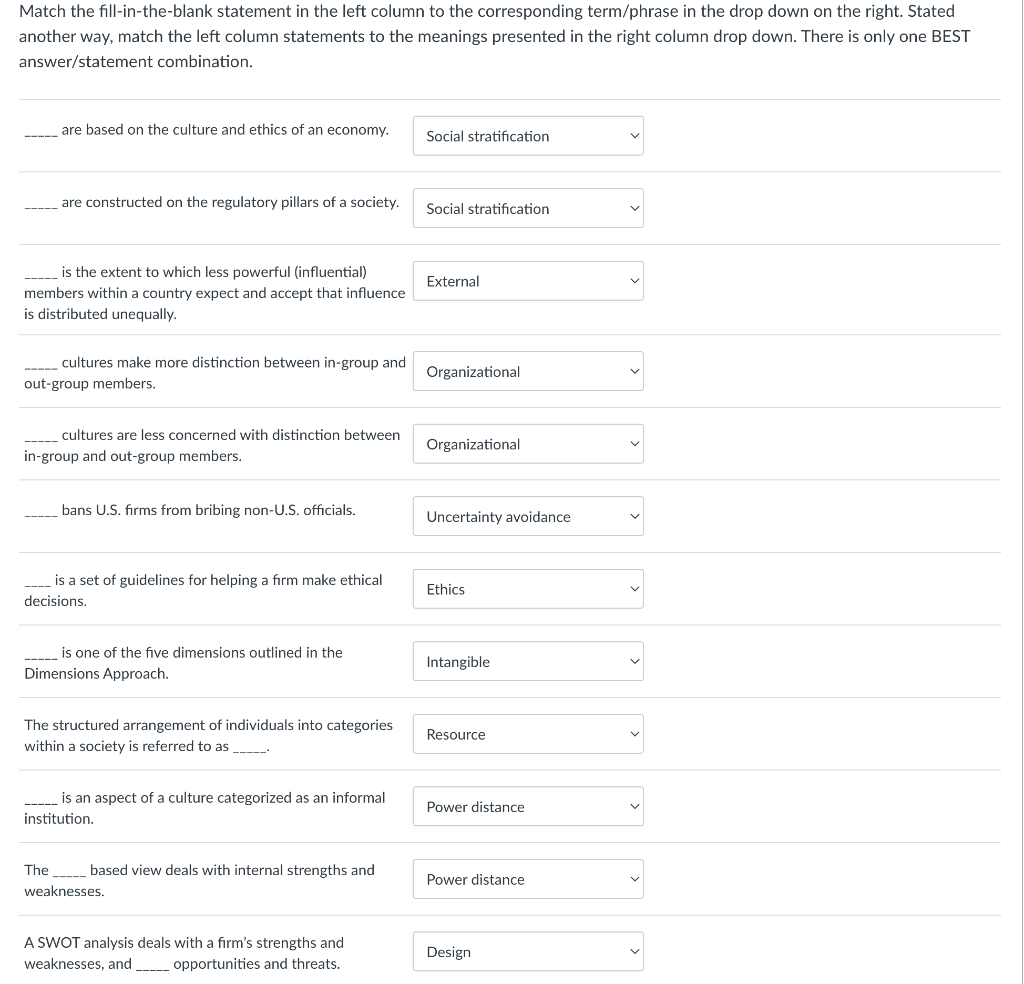 Match the fill-in-the-blank statement in the left