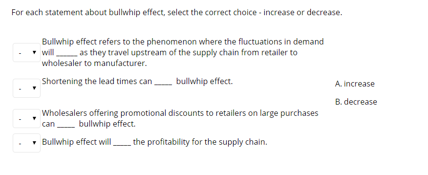 For each statement about bullwhip effect, select