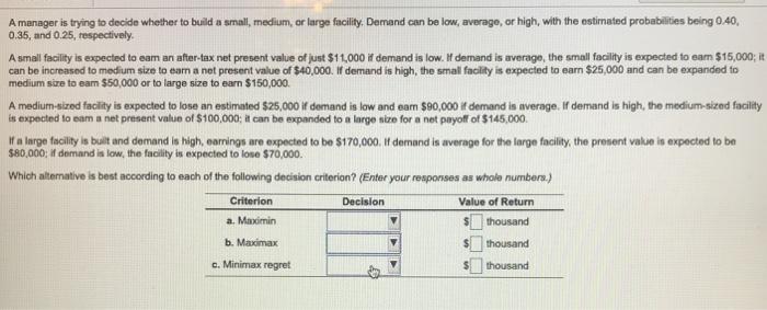 A manager is trying to decide whether to build a