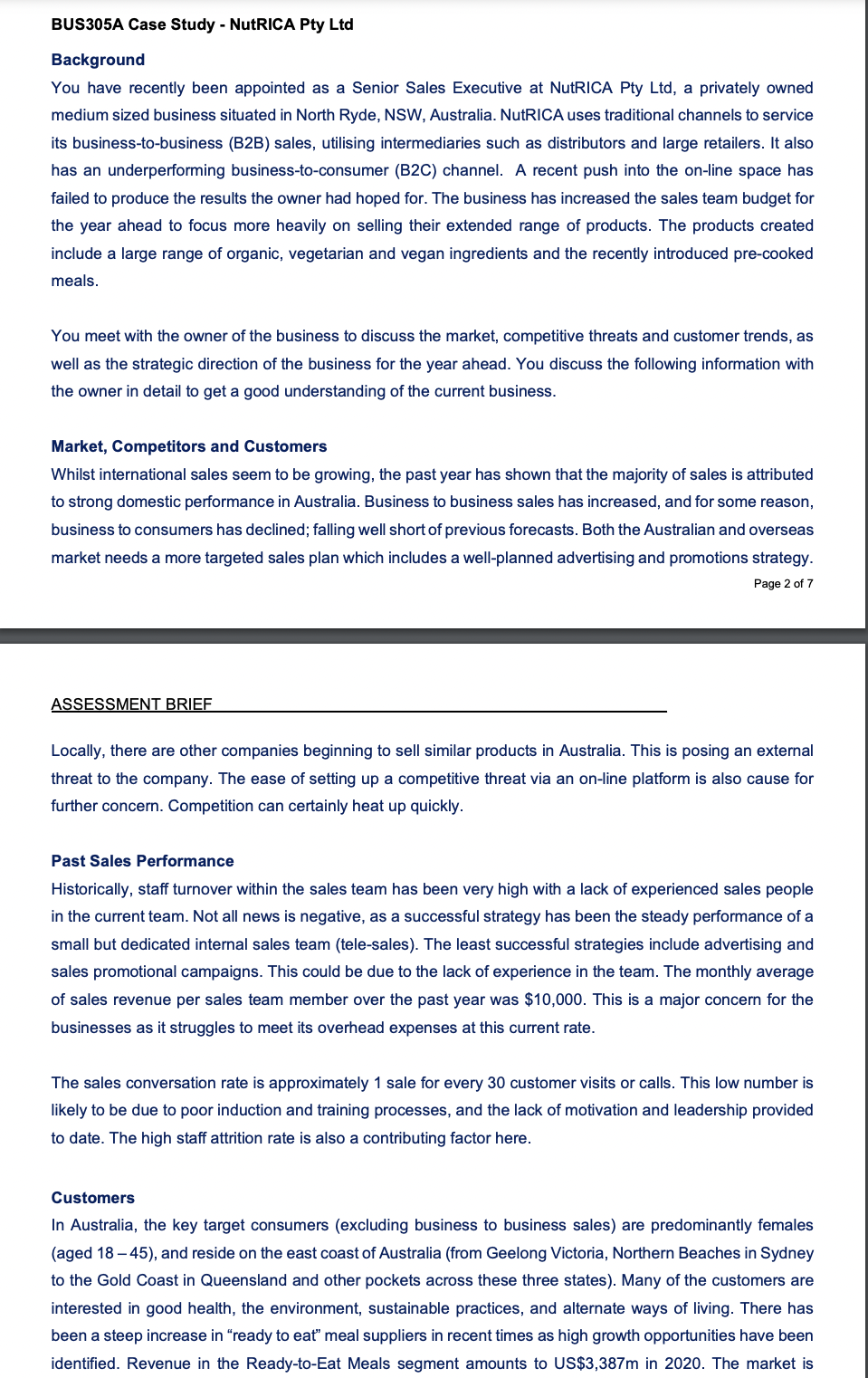 BUS305A Case Study - NutRICA Pty Ltd Background