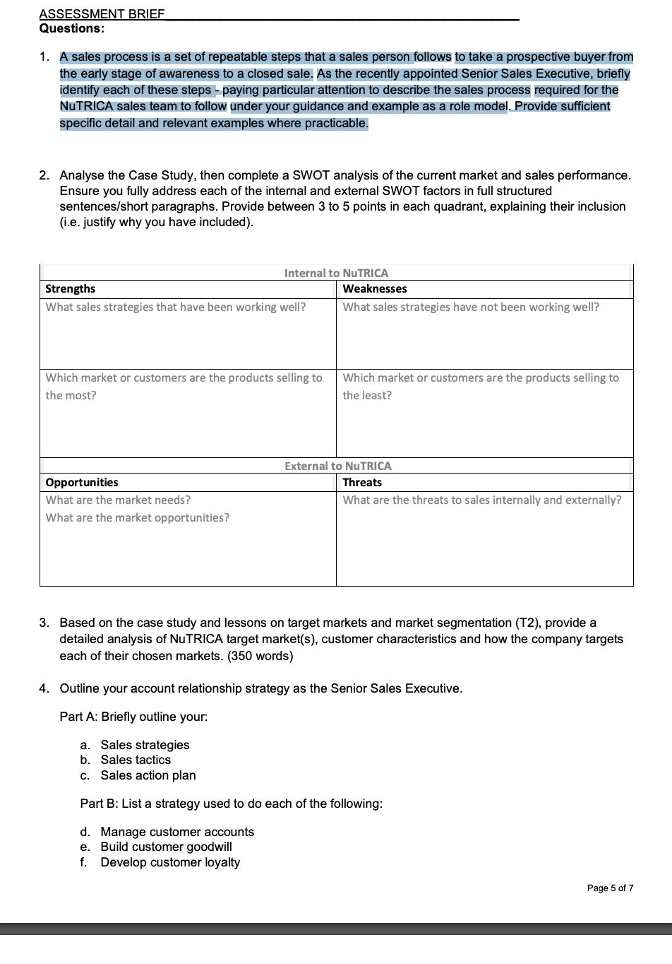 BUS305A Case Study - NutRICA Pty Ltd Background