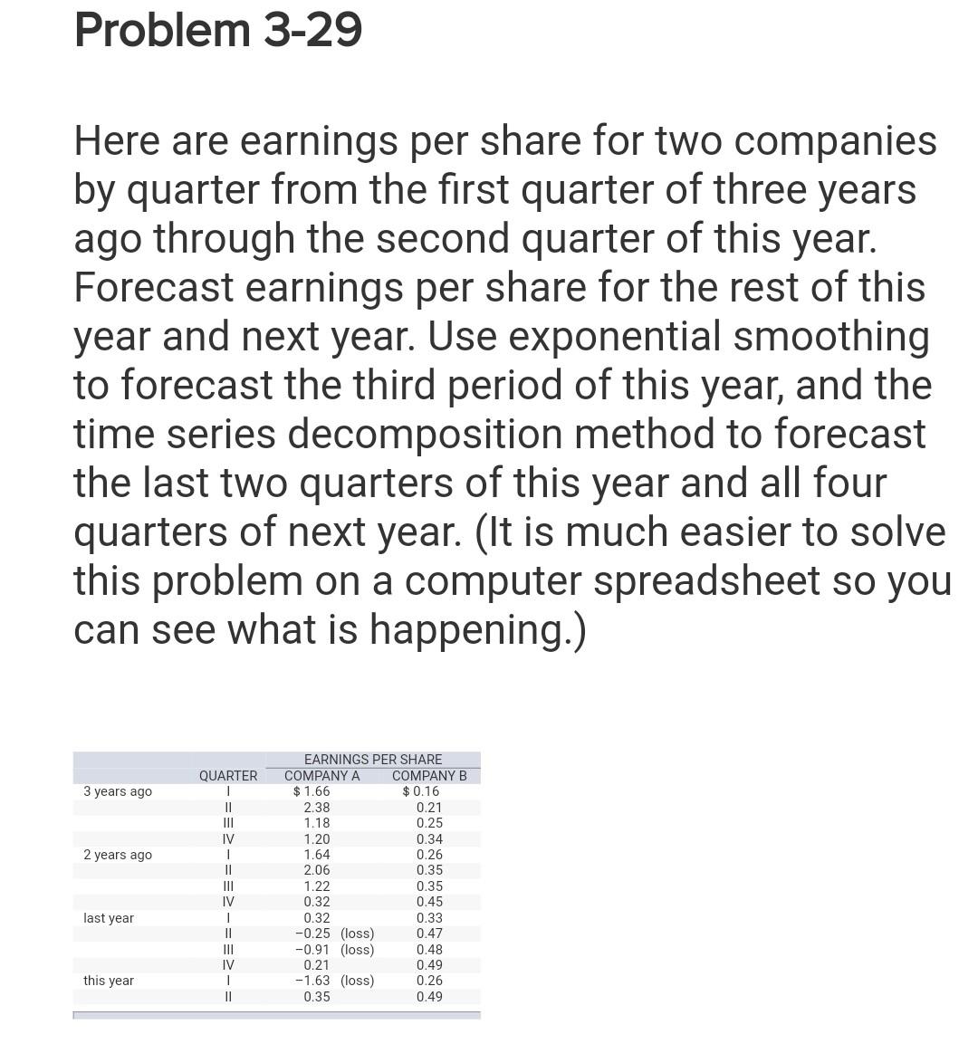 Problem 3-29 Here are earnings per share for two