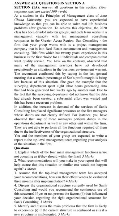 ANSWER ALL QUESTIONS IN SECTION A SECTION (1A):