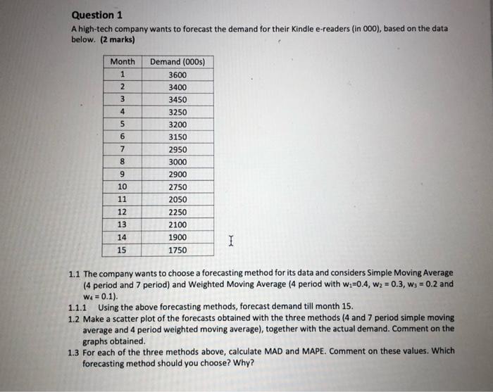 Question 1 A high-tech company wants to forecast