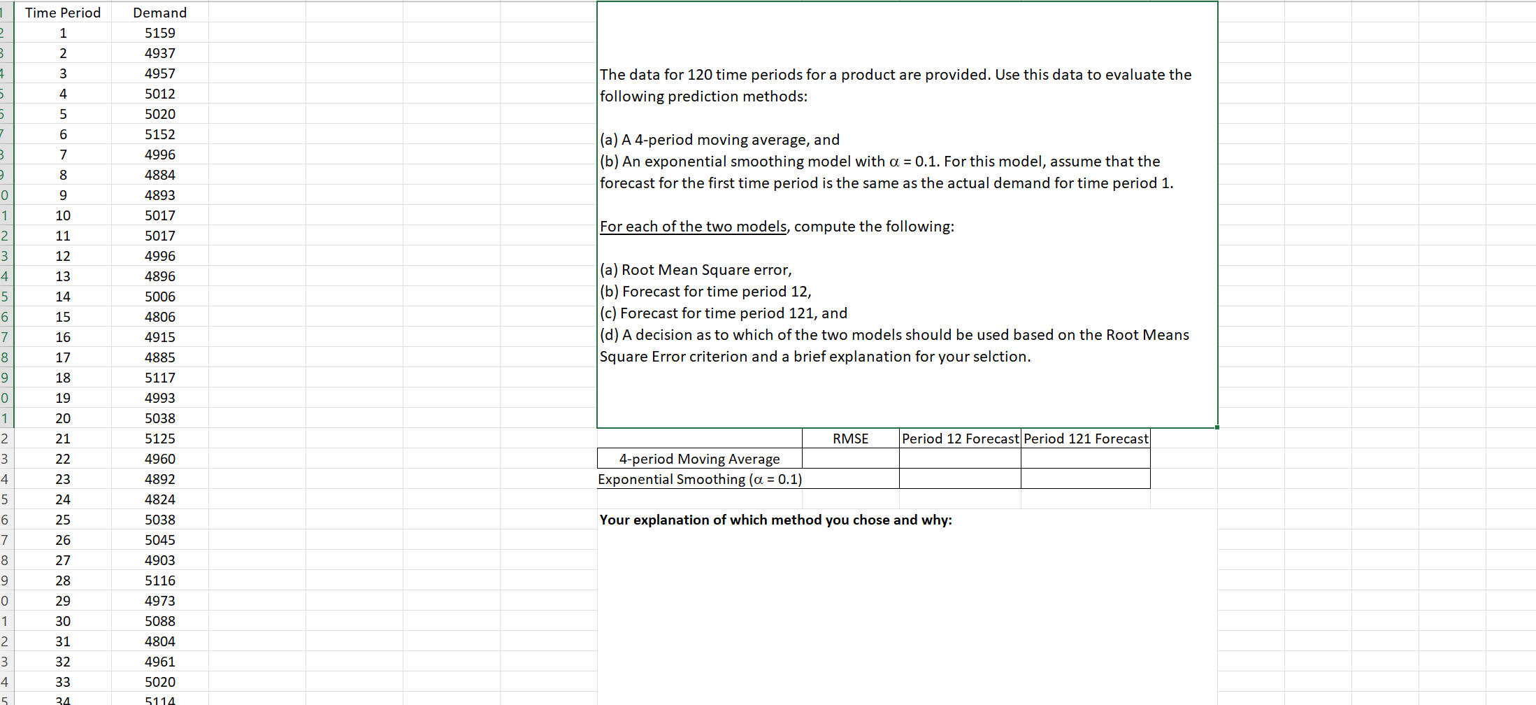 The data for 120 time periods for a product are