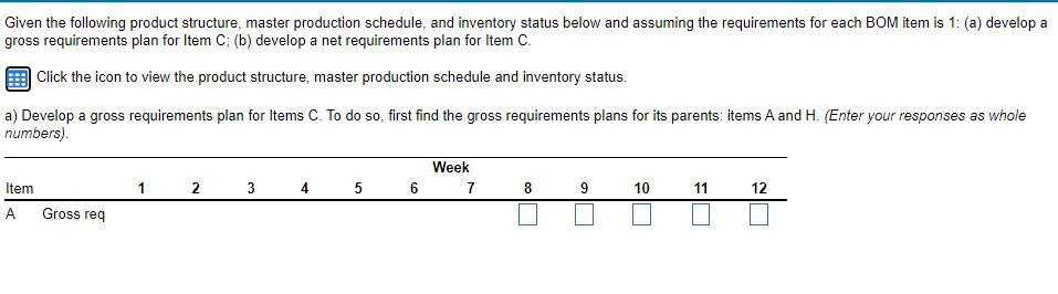 a) Develop a gross requirements plan for Items C.