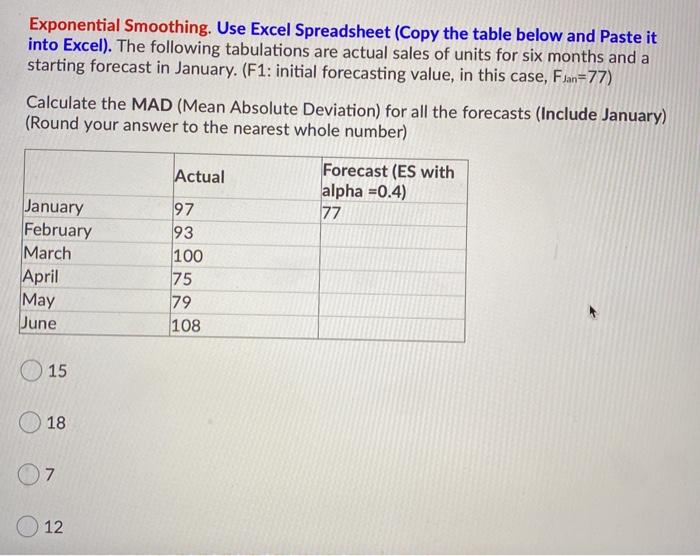 Exponential Smoothing. Use Excel Spreadsheet