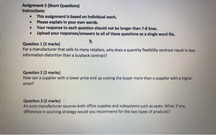 Assignment 5 (Short Questions) Instructions: This