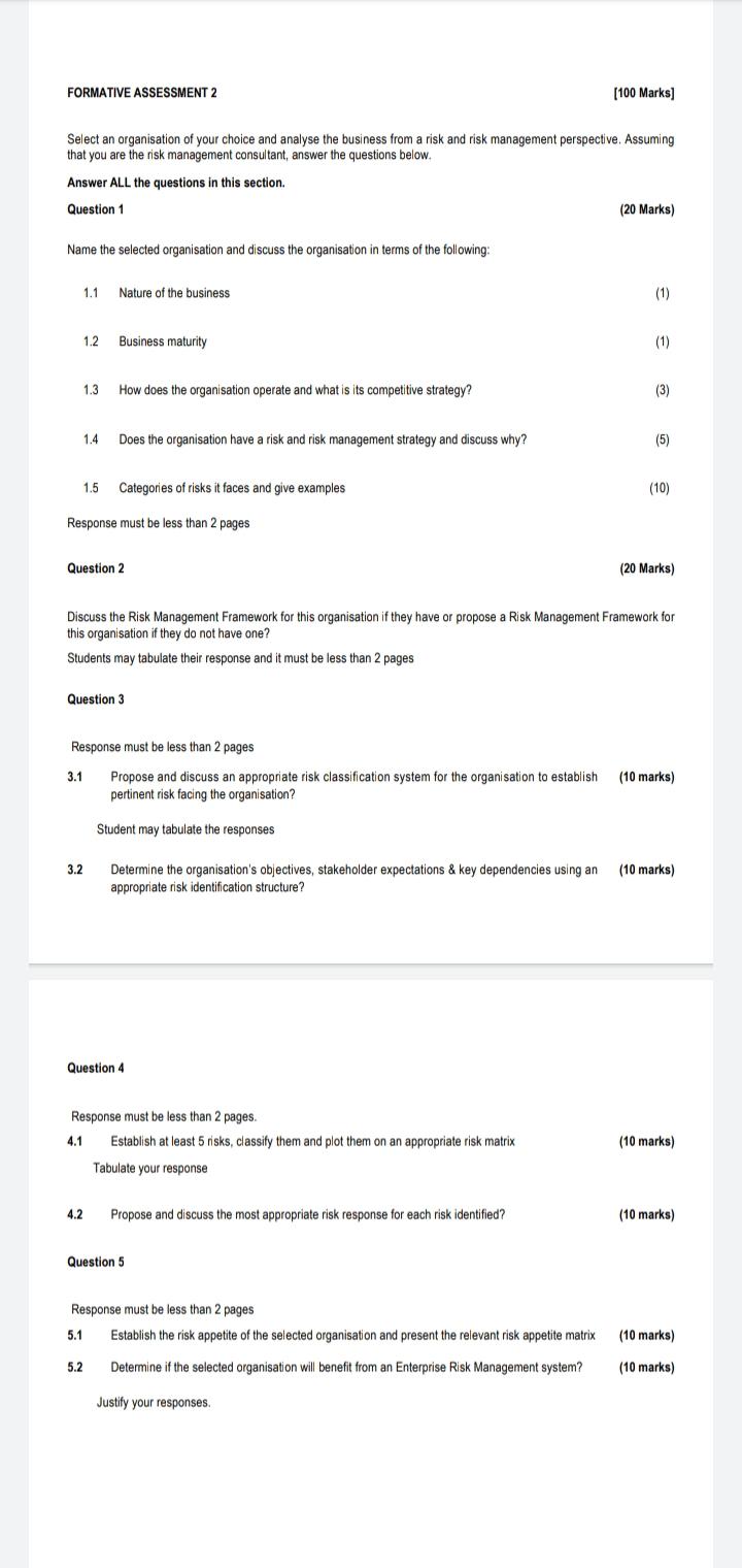 Question 2 (20 Marks) Discuss the Risk Management