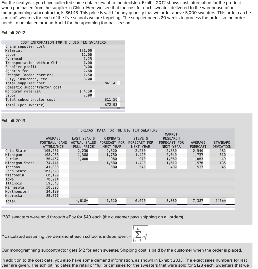 Analytics Exercise 20-4 (Algo) Big10Sweaters.com