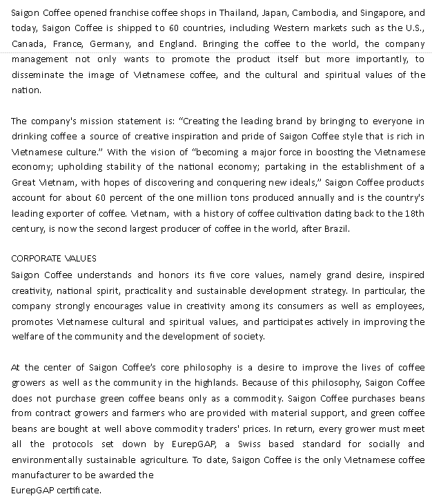 1. Identify the product mix/lines of Saigon