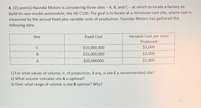 4. (15 points) Hyundai Motors is considering