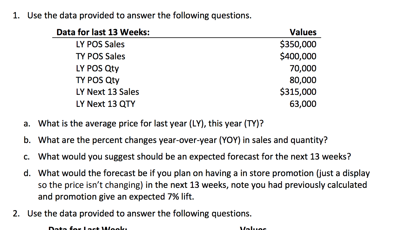 1. Use the data provided to answer the following