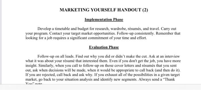 MARKETING YOURSELF HANDOUT (2) Implementation