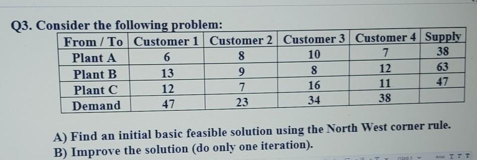 Q3. Consider the following problem: From / To