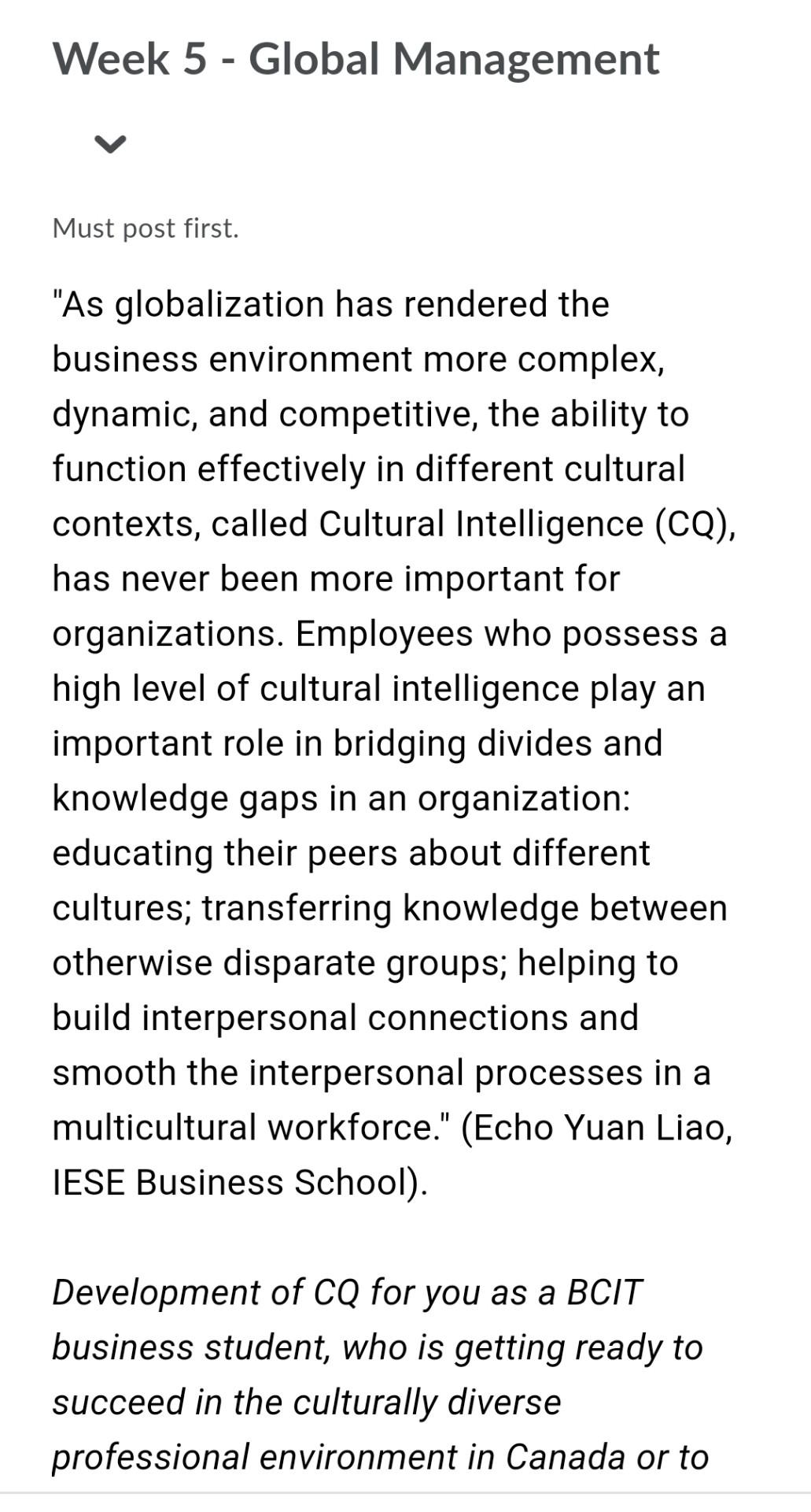 Week 5 - Global Management Must post first. "As