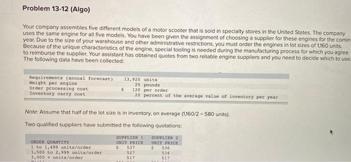 Problem 13-12 (Algo) Your company assembles five