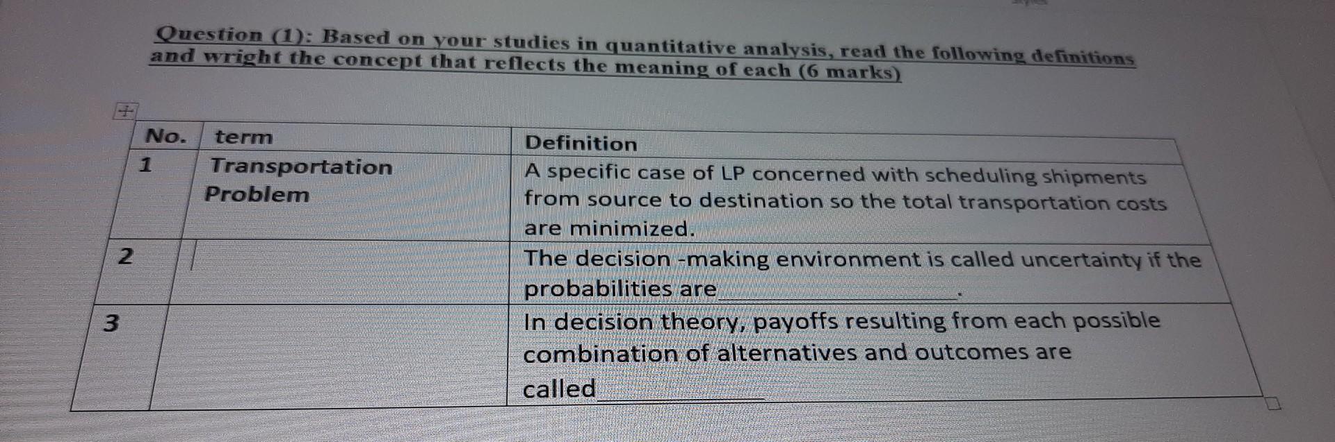 Quantitative Management Questiom (1): Based on