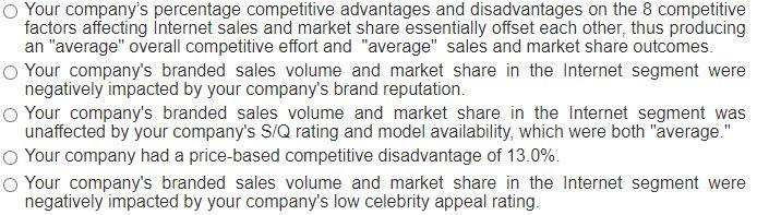 Based on the above data for your company, which