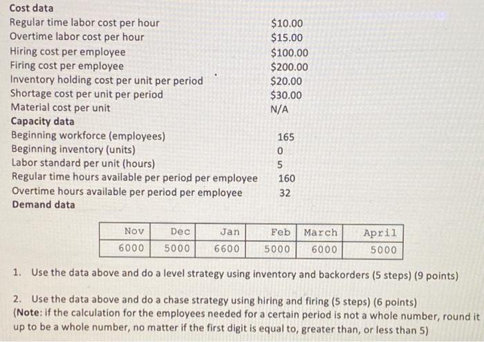 parts 1 and 2 please Cost data Regular time labor