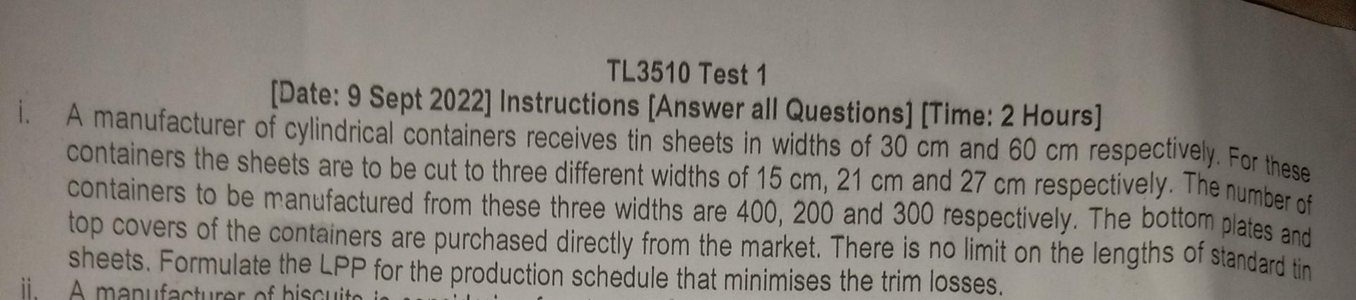 TL3510 Test 1 [Date: 9 Sept 2022] Instructions