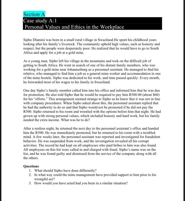 question 2 please Section A Case study A:1