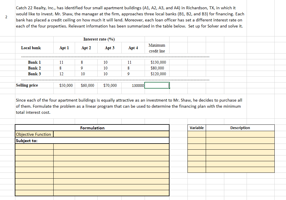 Please provide the excel formulas for the