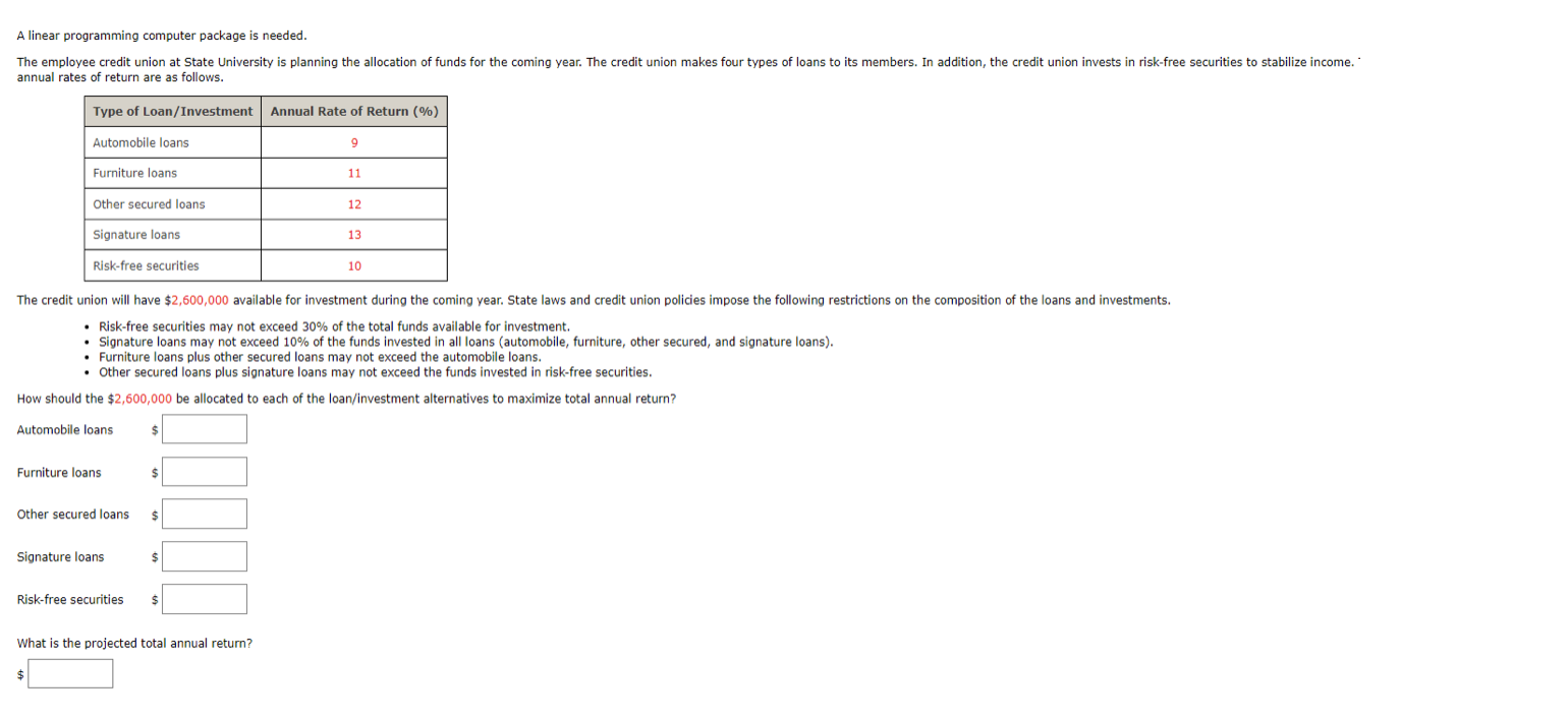 plan it A linear programming computer package is