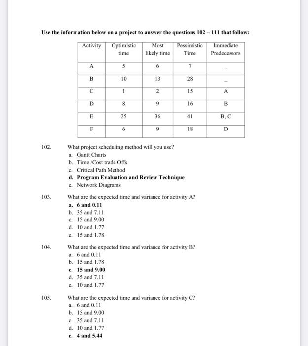 Use the information below on a project to answer