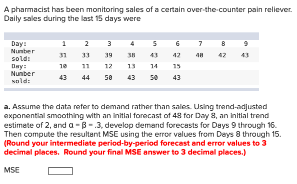 A pharmacist has been monitoring sales of a