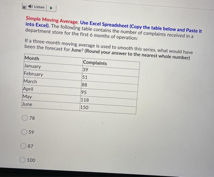 Listen Simple Moving Average. Use Excel