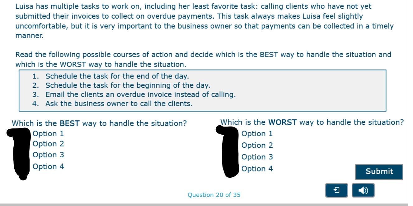 Luisa has multiple tasks to work on, including